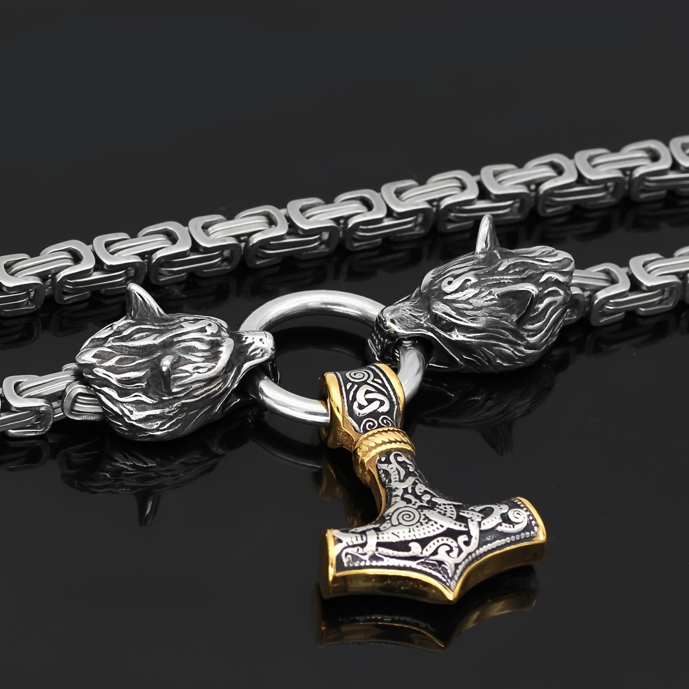 Men's Stainless Steel Wolf Head Pendant Viking Amulet Necklace